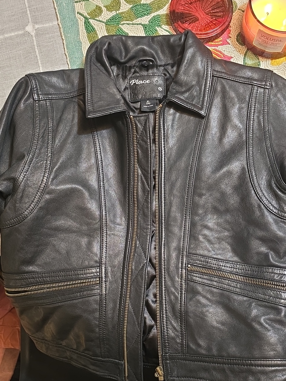 Place Black Leather Bomber Jacket with Zip Pockets